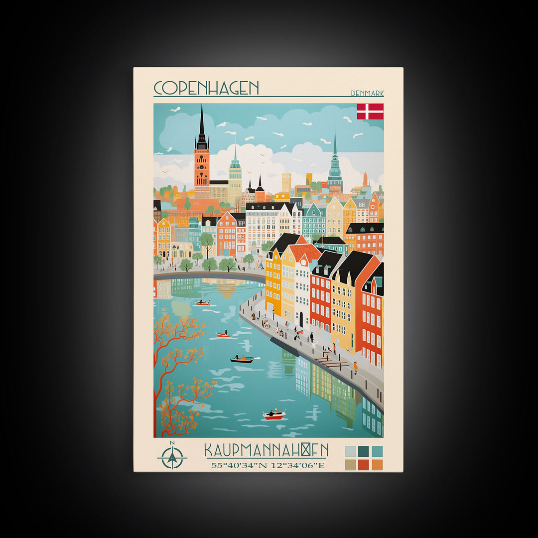 Copenhagen Denmark Travel Poster Framed Canvas Print, Vintage Style, Pop Art Home Decor, Scenic Wall Art, Living Room Decoration, Artistic Gift