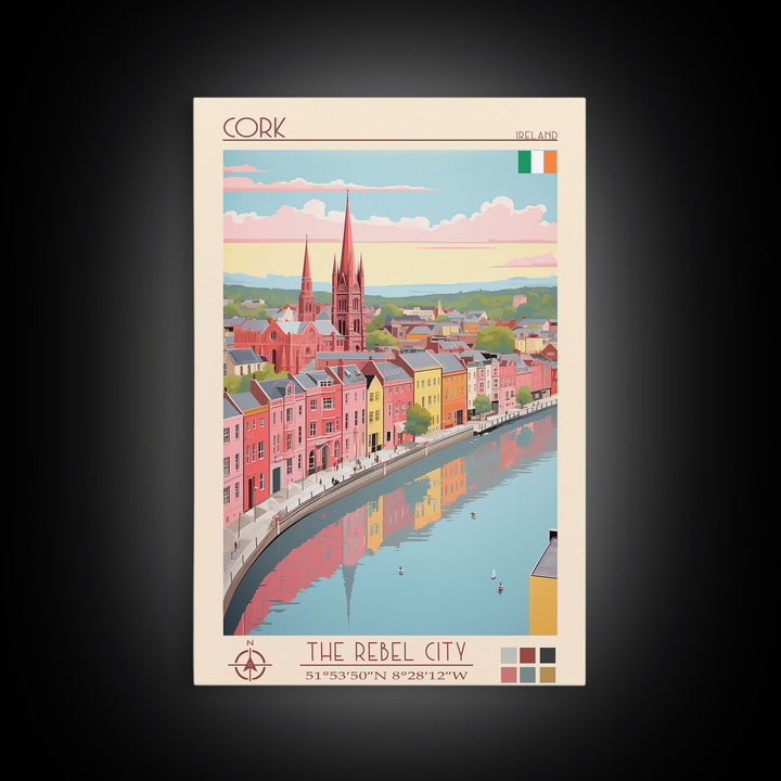 Cork Ireland Travel Poster Framed Canvas Print, Midcentury Modern Art, Pop Art Wall Decor, Home Decor, Vacation Gift, Living Room Art