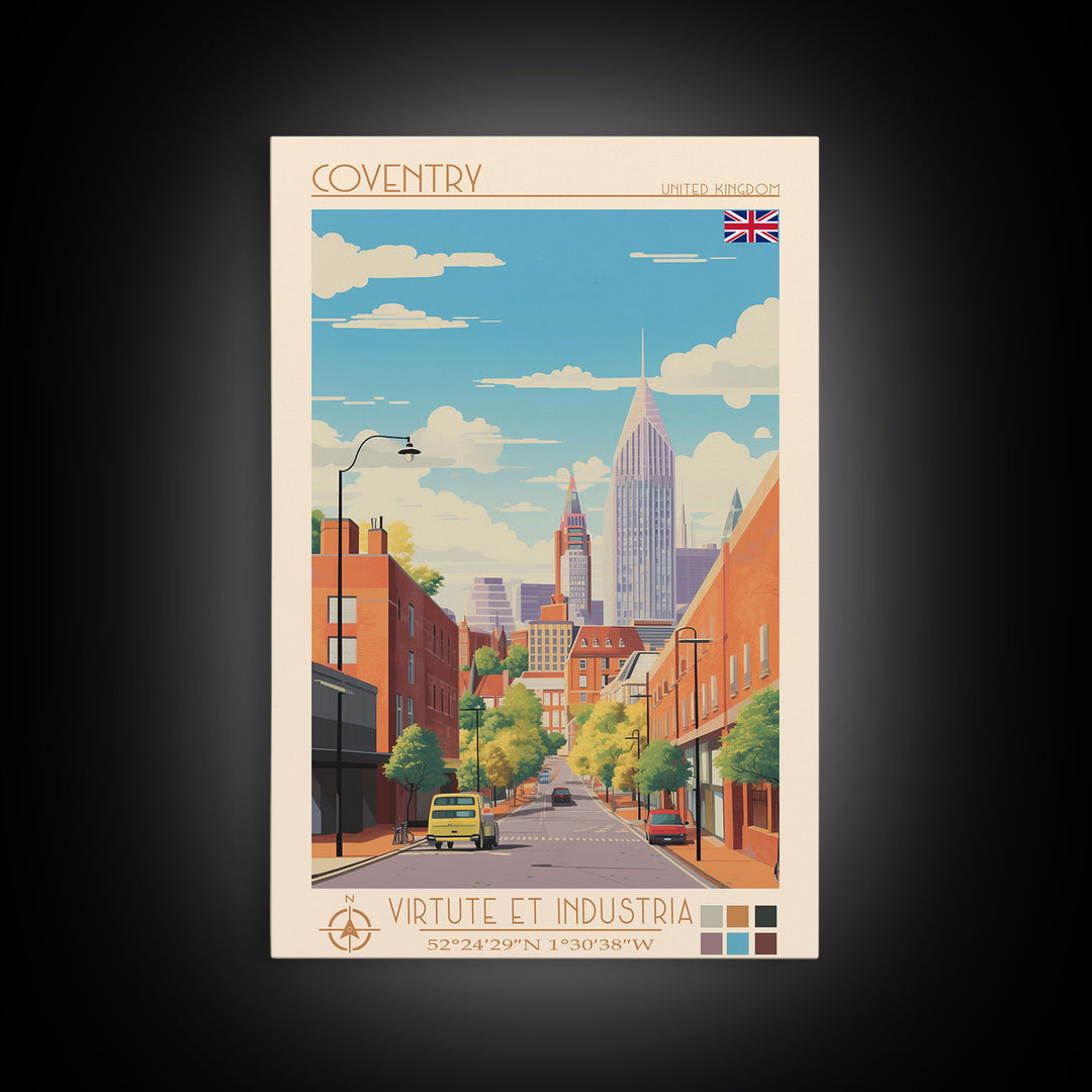 Coventry United Kingdom Travel Poster Framed Canvas Print, Midcentury Modern Art, Pop Art Wall Decor, Home Decor, Vacation Gift, Living Room Art
