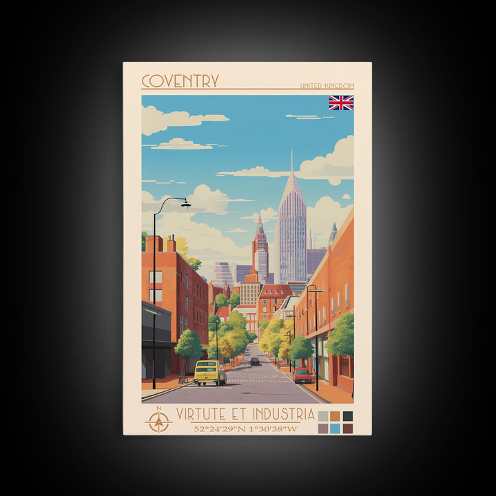 Coventry United Kingdom Travel Poster Framed Canvas Print, Midcentury Modern Art, Pop Art Wall Decor, Home Decor, Vacation Gift, Living Room Art