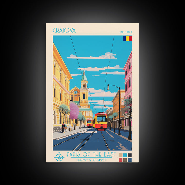 Craiova Romania Travel Poster Framed Canvas Print, Midcentury Modern Art, Pop Art Wall Decor, Home Decor, Vacation Gift, Living Room Art