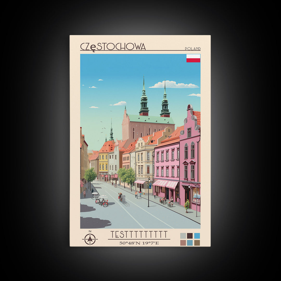 Częstochowa Poland Travel Poster Framed Canvas Print, Midcentury Modern Art, Pop Art Wall Decor, Home Decor, Vacation Gift, Living Room Art