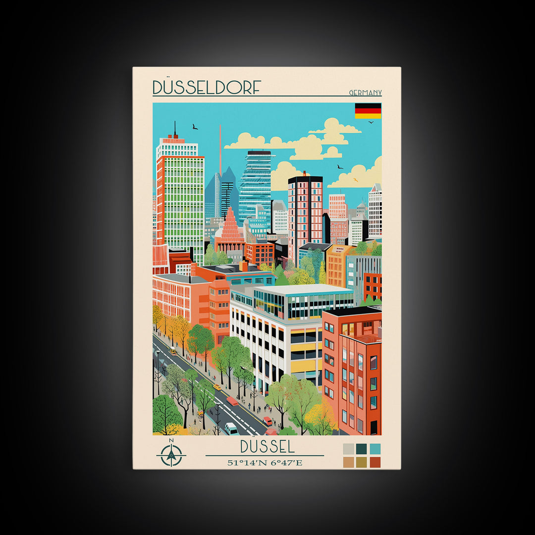 Düsseldorf Germany Travel Poster Framed Canvas Print, Midcentury Modern Art, Pop Art Wall Decor, Home Decor, Vacation Gift, Office Art