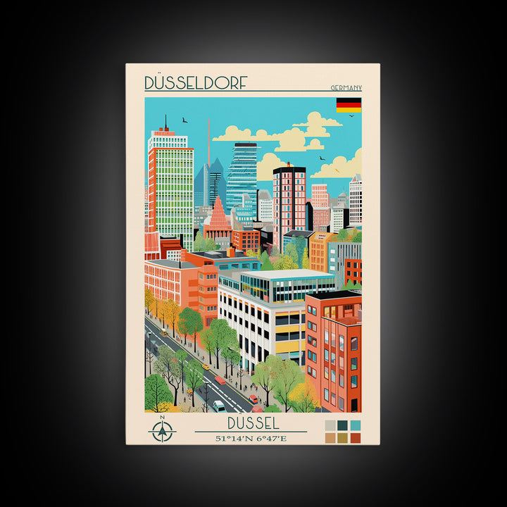 Düsseldorf Germany Travel Poster Framed Canvas Print, Midcentury Modern Art, Pop Art Wall Decor, Home Decor, Vacation Gift, Office Art