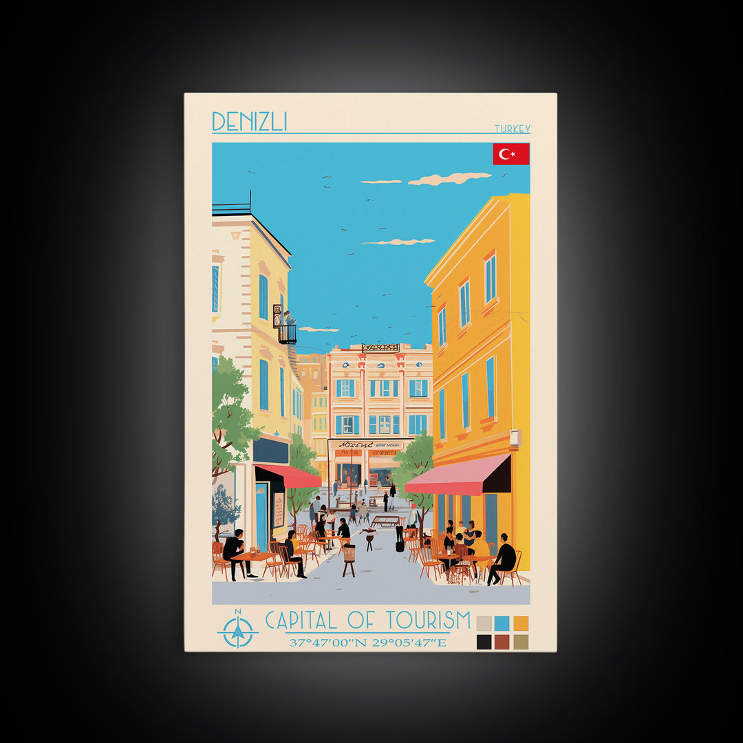 Denizli Turkey Travel Poster Framed Canvas Print, Midcentury Modern Art, Pop Art Wall Decor, Home Decor, Vacation Gift, Living Room Art