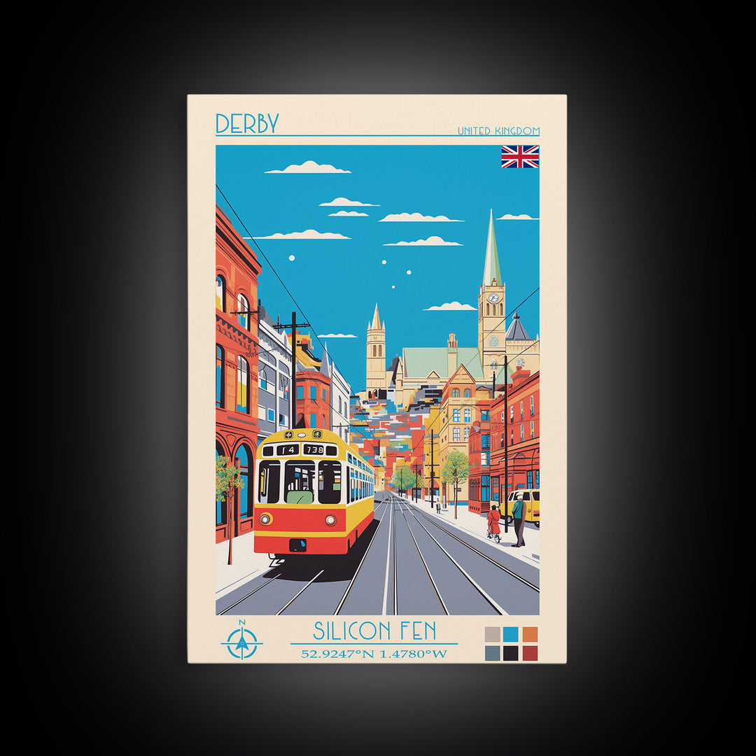 Derby United Kingdom Travel Poster Framed Canvas Print, Midcentury Modern Art, Pop Art Wall Decor, Scenic Wall Art, Living Room Art
