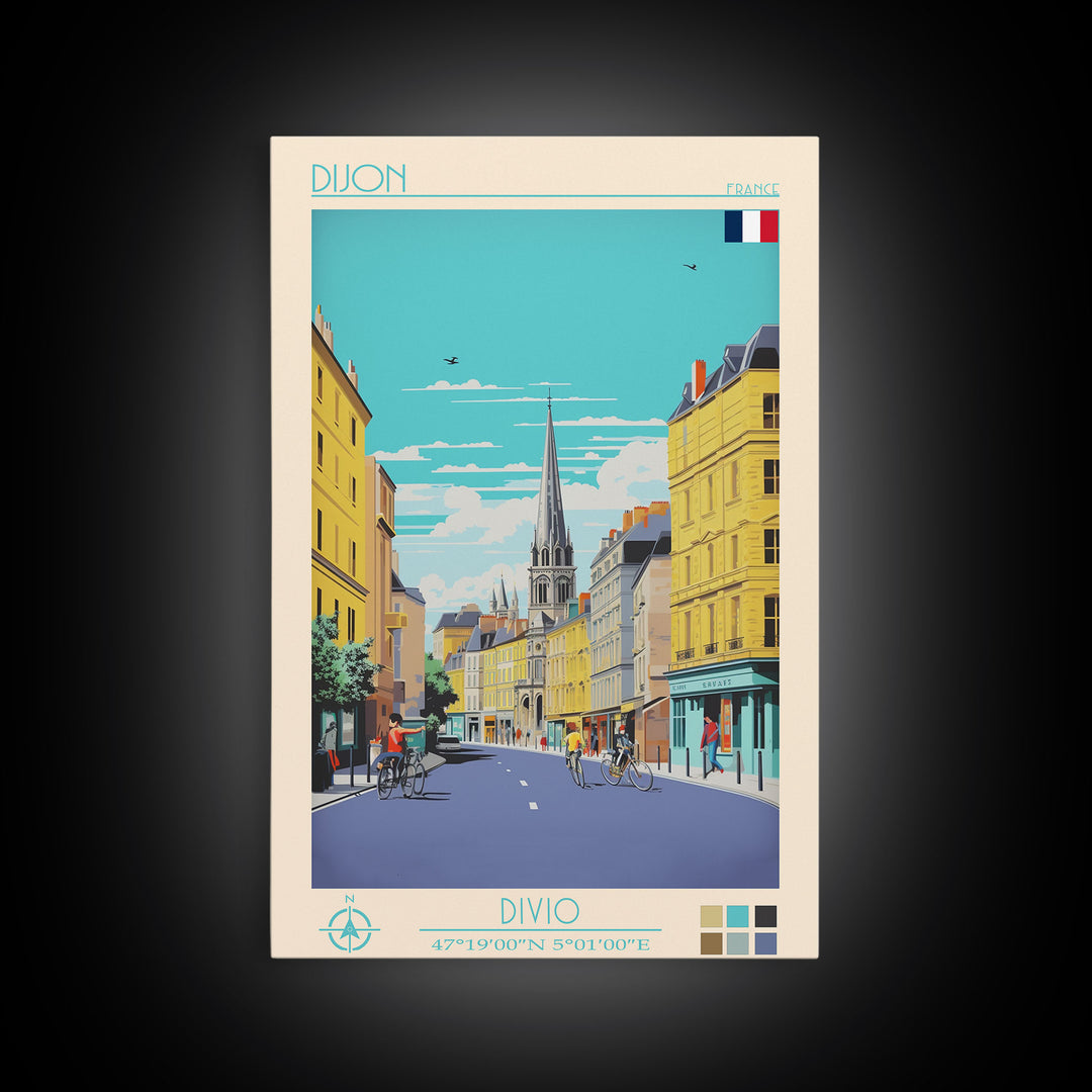 Dijon France Travel Poster Framed Canvas Print, Midcentury Modern Art, Pop Art Wall Decor, Home Decor, Vacation Gift, Living Room Art