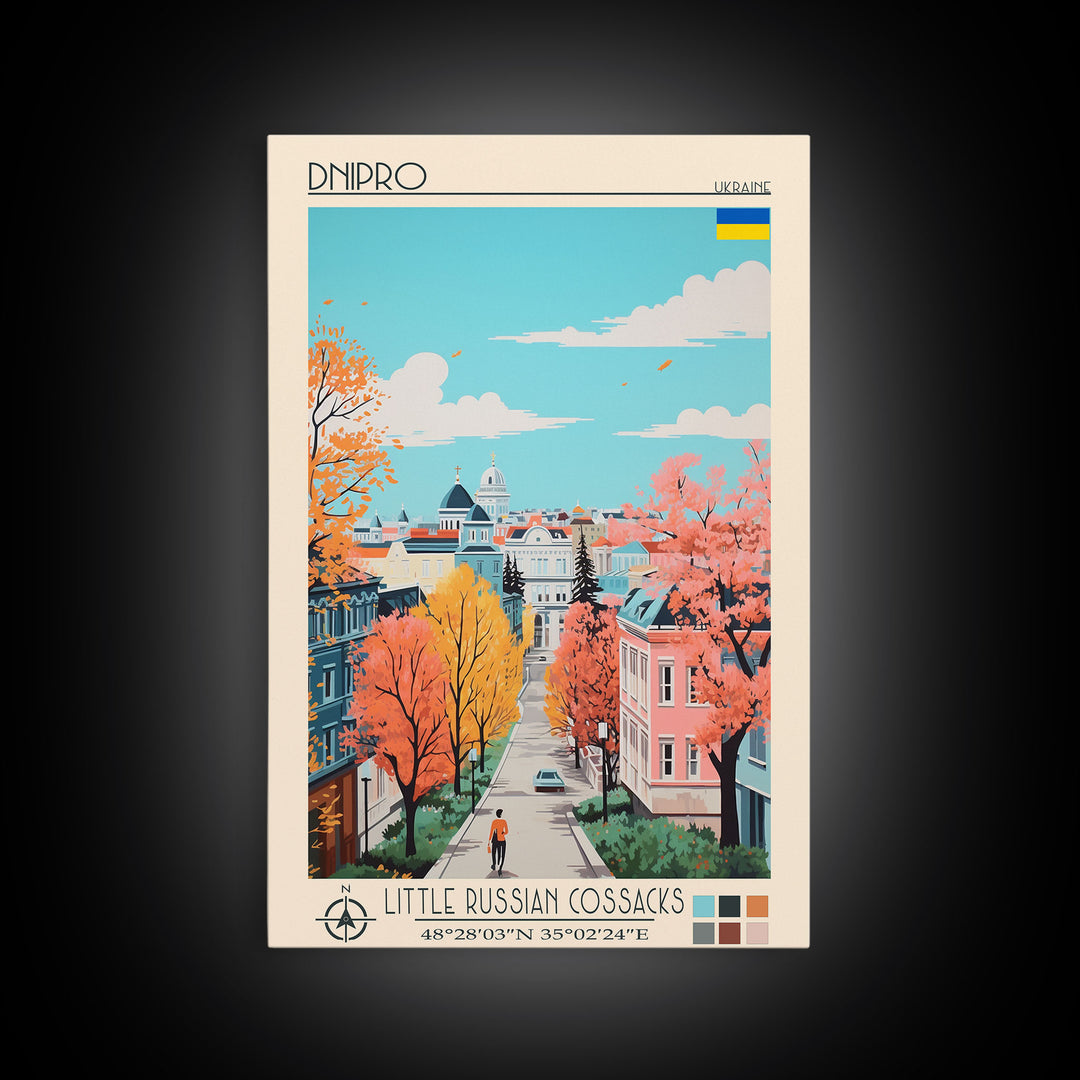 Dnipro Ukraine Travel Poster Framed Canvas Print, Midcentury Modern Art, Pop Art Wall Decor, Home Decor, Vacation Gift, Living Room Art