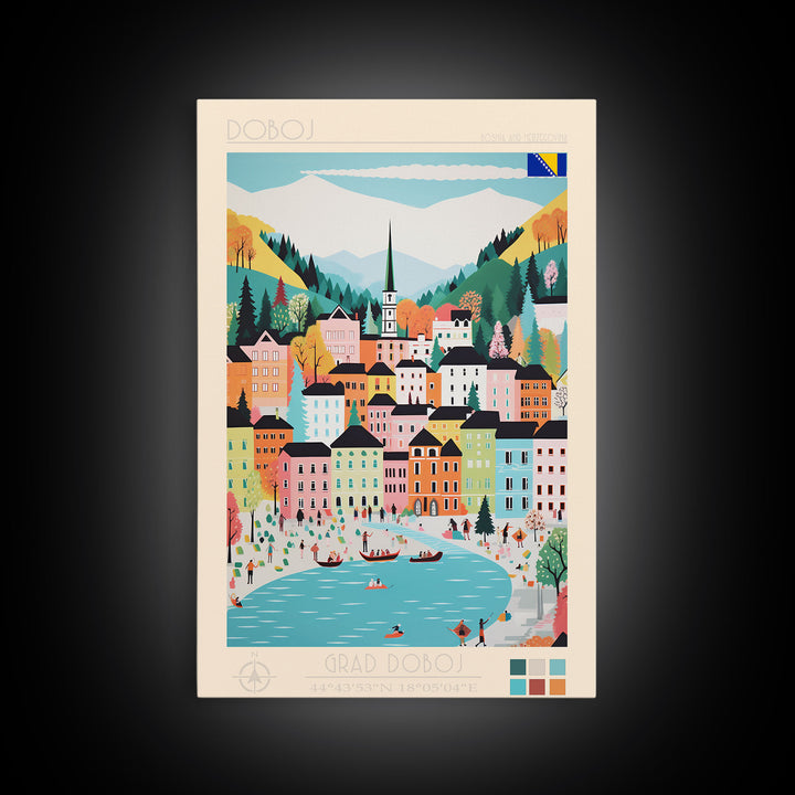 Doboj Bosnia and Herzegovina Travel Poster Framed Canvas Print, Midcentury Modern Art, Pop Art Wall Decor, Home Decor, Vacation Gift, Living Room Art