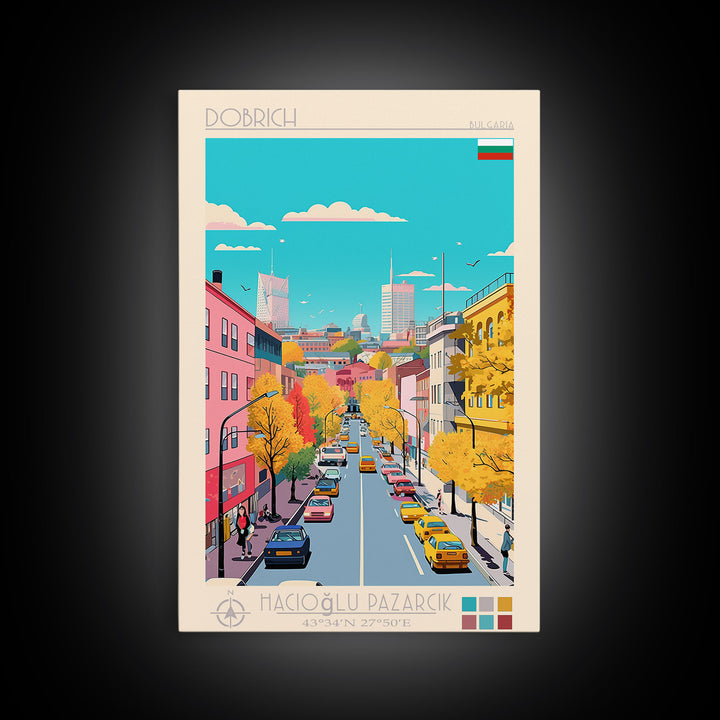 Dobrich Bulgaria Travel Poster Framed Canvas Print, Midcentury Modern Art, Pop Art Wall Decor, Home Decor, Vacation Gift, Living Room Art