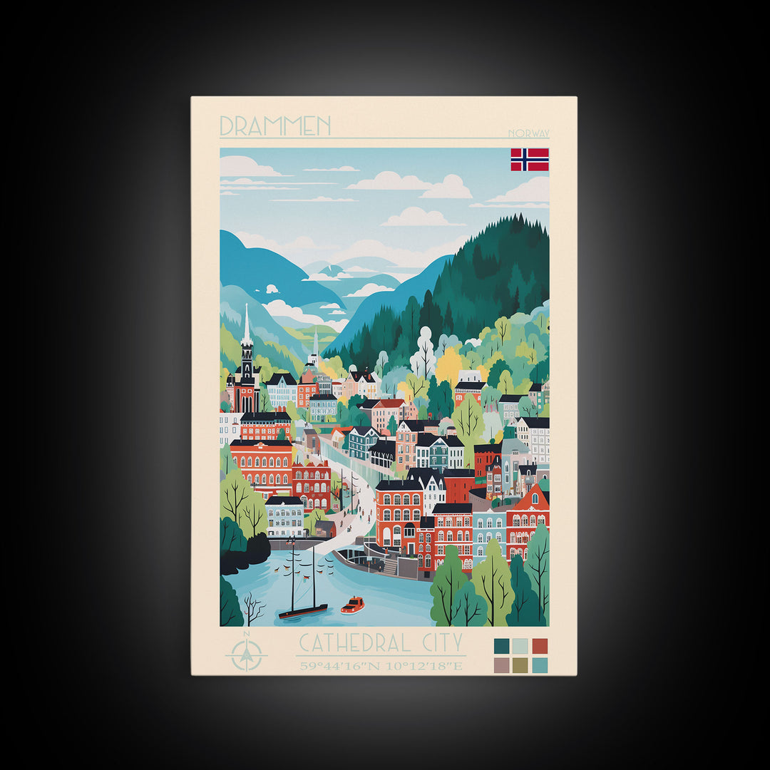 Drammen Norway Travel Poster Framed Canvas Print, Midcentury Modern Art, Pop Art Wall Decor, Home Decor, Vacation Gift, Living Room Art