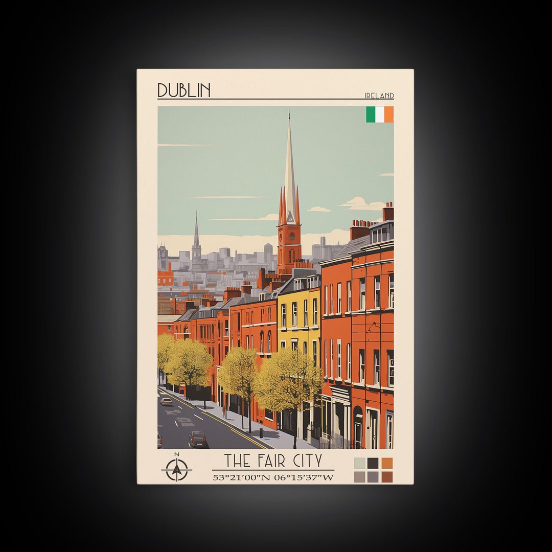 Dublin Ireland Travel Poster Framed Canvas Print, Midcentury Modern Art, Pop Art Wall Decor, Scenic Bedroom Art, Office Decoration