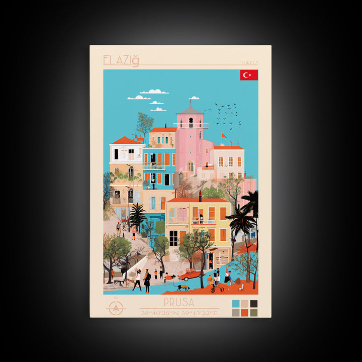 Elâzığ Turkey Travel Poster Framed Canvas Print, Midcentury Modern Art, Pop Art Wall Decor, Scenic Wall Art, Living Room Decoration, Office Art