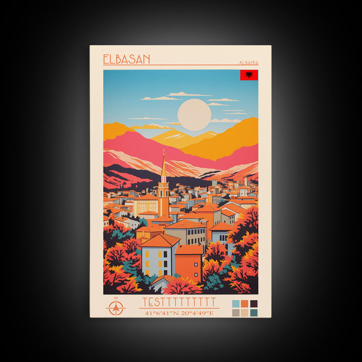 Elbasan Albania Travel Poster Framed Canvas Print, Midcentury Modern Art, Pop Art Wall Decor, Home Decor, Vacation Gift, Bedroom Art