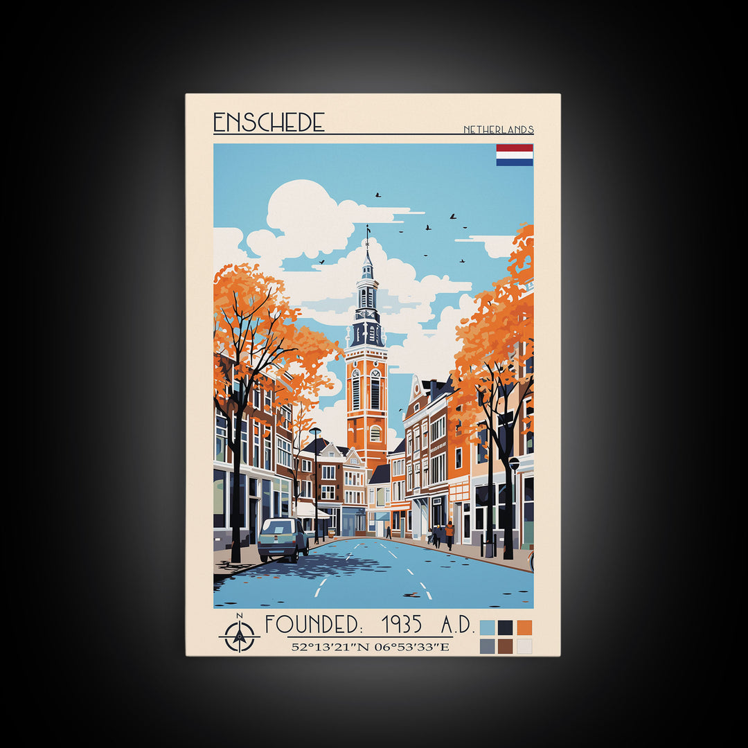 Enschede Netherlands Travel Poster Framed Canvas Print, Midcentury Modern Art, Pop Art Wall Decor, Scenic Wall Art, Bedroom Decoration