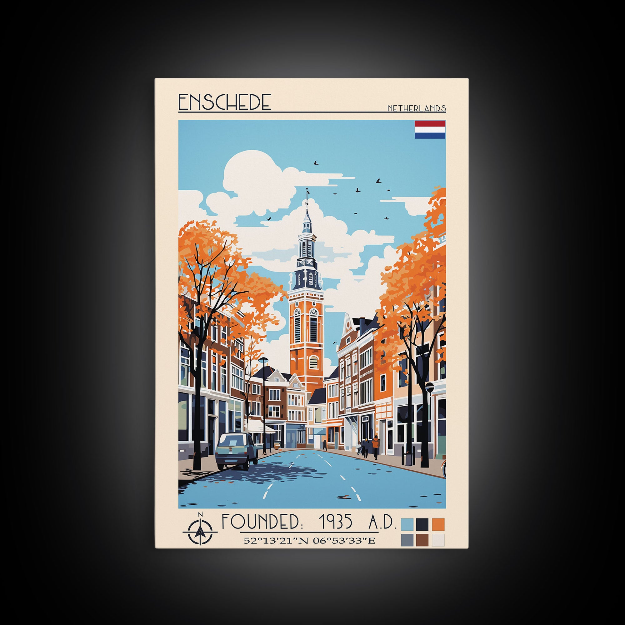 Enschede Netherlands Travel Poster Framed Canvas Print, Midcentury Modern Art, Pop Art Wall Decor, Scenic Wall Art, Bedroom Decoration