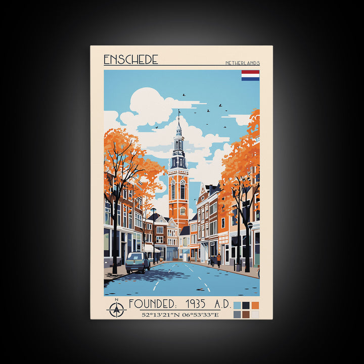 Enschede Netherlands Travel Poster Framed Canvas Print, Midcentury Modern Art, Pop Art Wall Decor, Scenic Wall Art, Bedroom Decoration