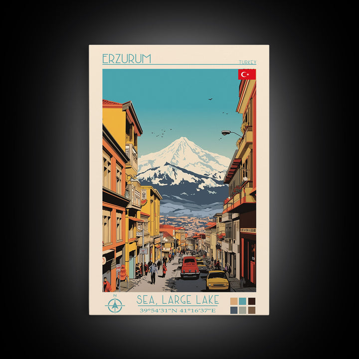 Erzurum Turkey Travel Poster Framed Canvas Print, Midcentury Modern Art, Pop Art Wall Decor, Scenic Wall Art, Living Room Decoration, Office Art