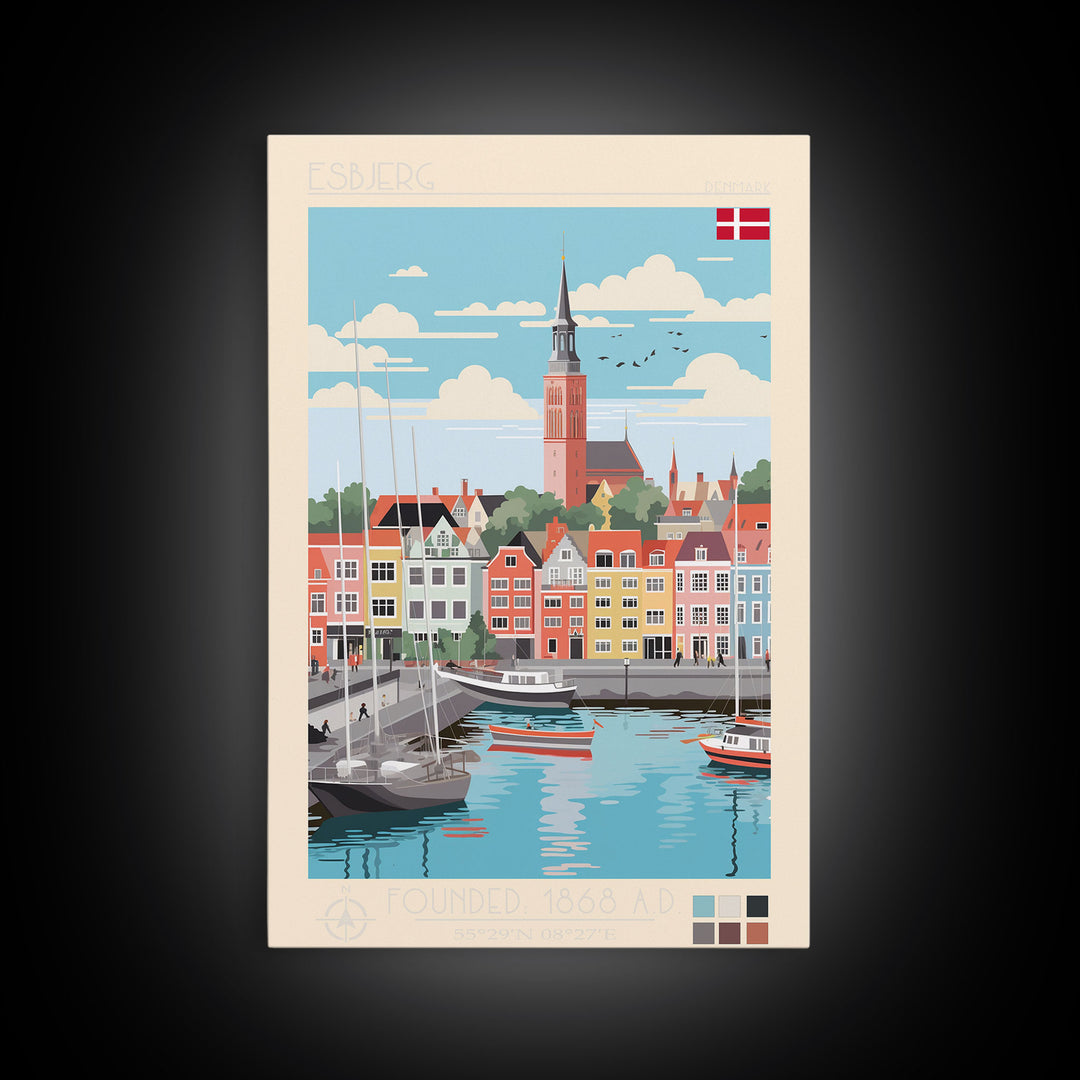 Esbjerg Denmark Travel Poster Framed Canvas Print, Midcentury Modern Art, Pop Art Wall Decor, Scenic Bedroom Art, Office Decoration