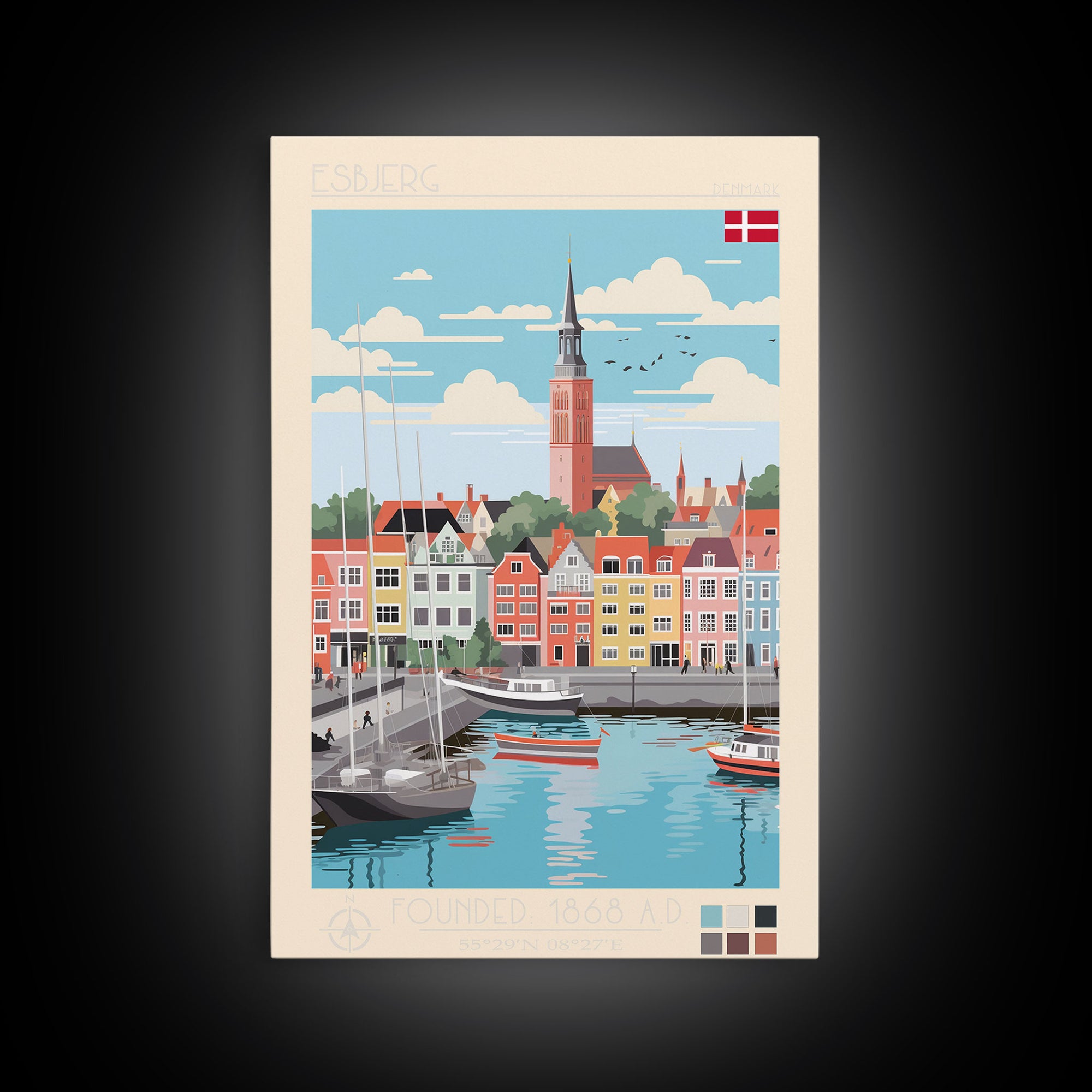 Esbjerg Denmark Travel Poster Framed Canvas Print, Midcentury Modern Art, Pop Art Wall Decor, Scenic Bedroom Art, Office Decoration