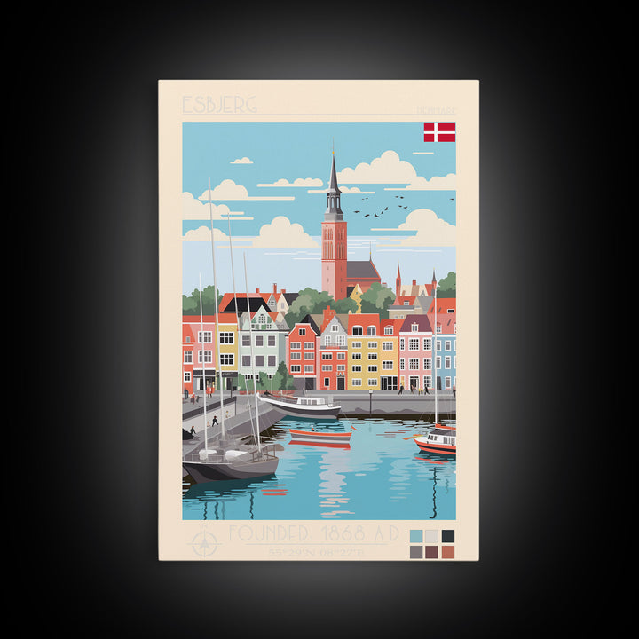 Esbjerg Denmark Travel Poster Framed Canvas Print, Midcentury Modern Art, Pop Art Wall Decor, Scenic Bedroom Art, Office Decoration