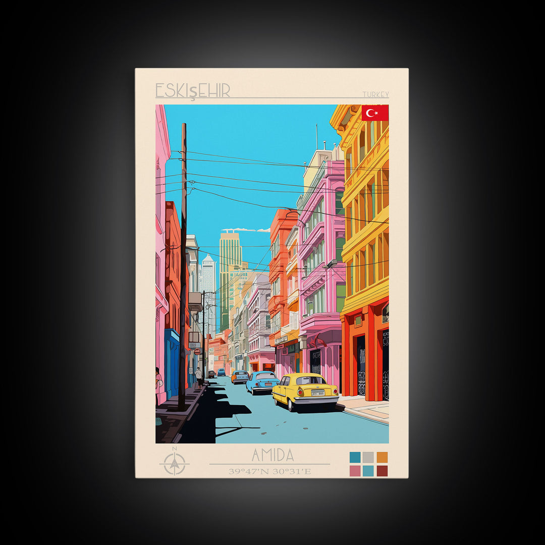 Eskişehir Turkey Travel Poster Framed Canvas Print, Midcentury Modern Art, Pop Art Wall Decor, Scenic Living Room Art, Bedroom Decor