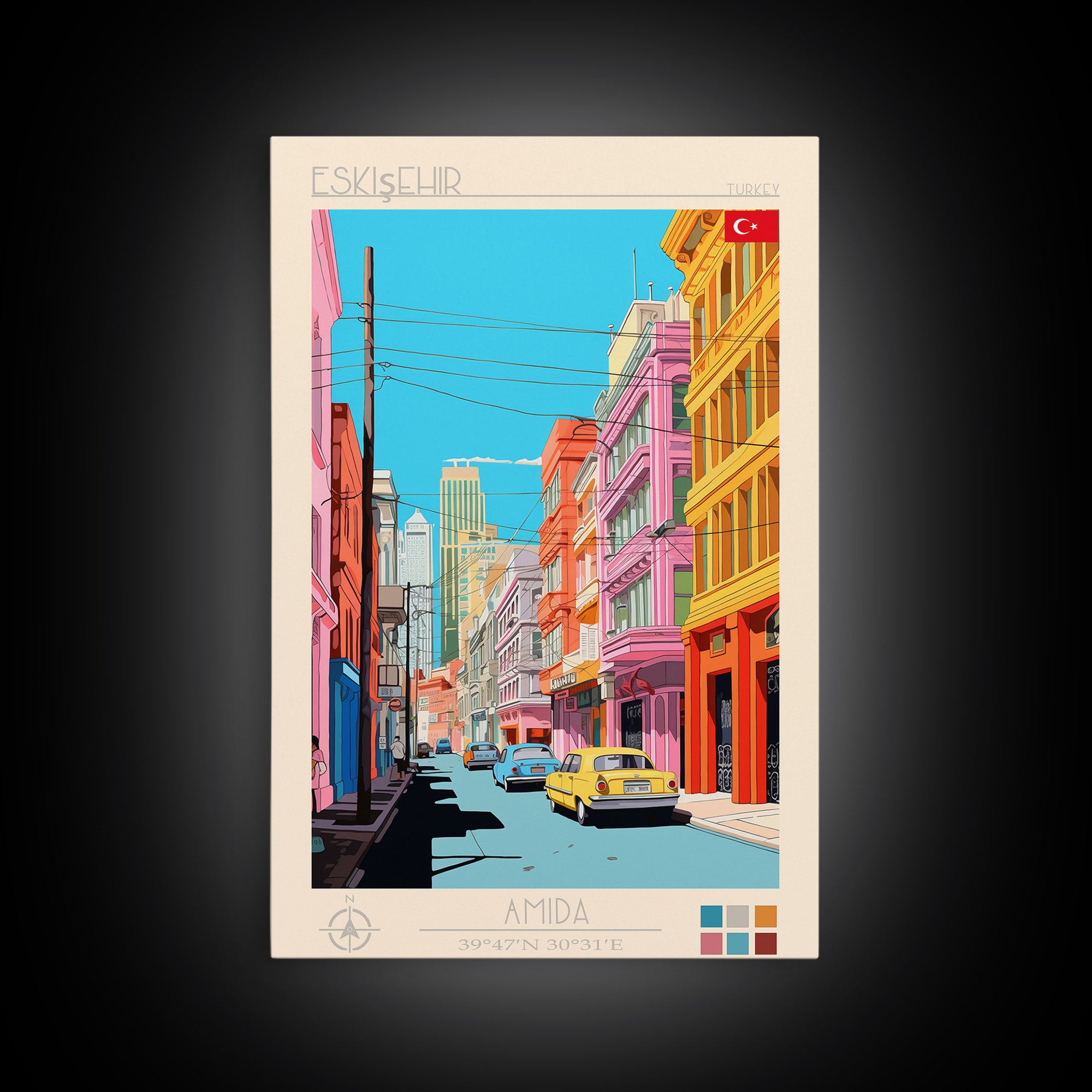 Eskişehir Turkey Travel Poster Framed Canvas Print, Midcentury Modern Art, Pop Art Wall Decor, Scenic Living Room Art, Bedroom Decor