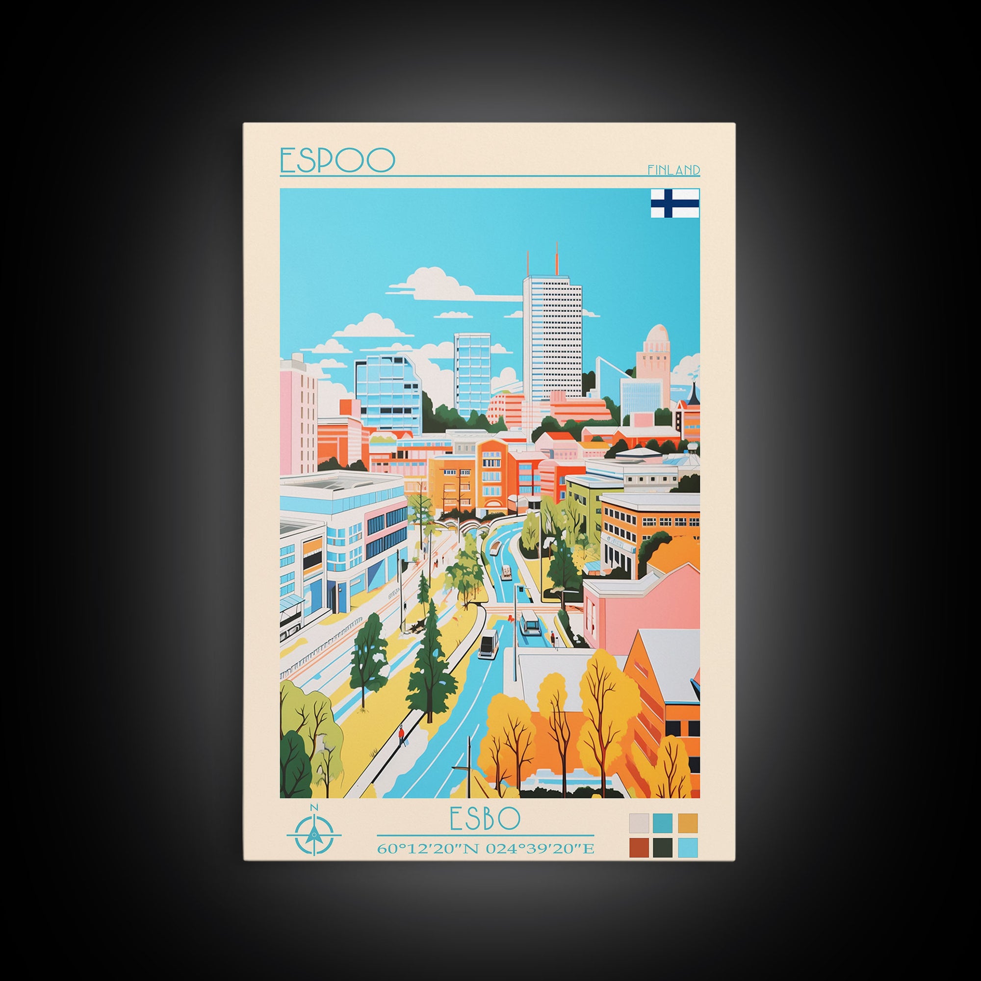 Espoo Finland Travel Poster Framed Canvas Print, Vintage Style, Pop Art Home Decor, Scenic Wall Art, Bedroom Decoration, Office Gift