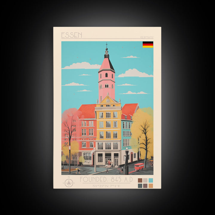 Essen Germany Travel Poster Framed Canvas Print, Midcentury Modern Art, Pop Art Wall Decor, Home Decor, Vacation Gift, Office Art