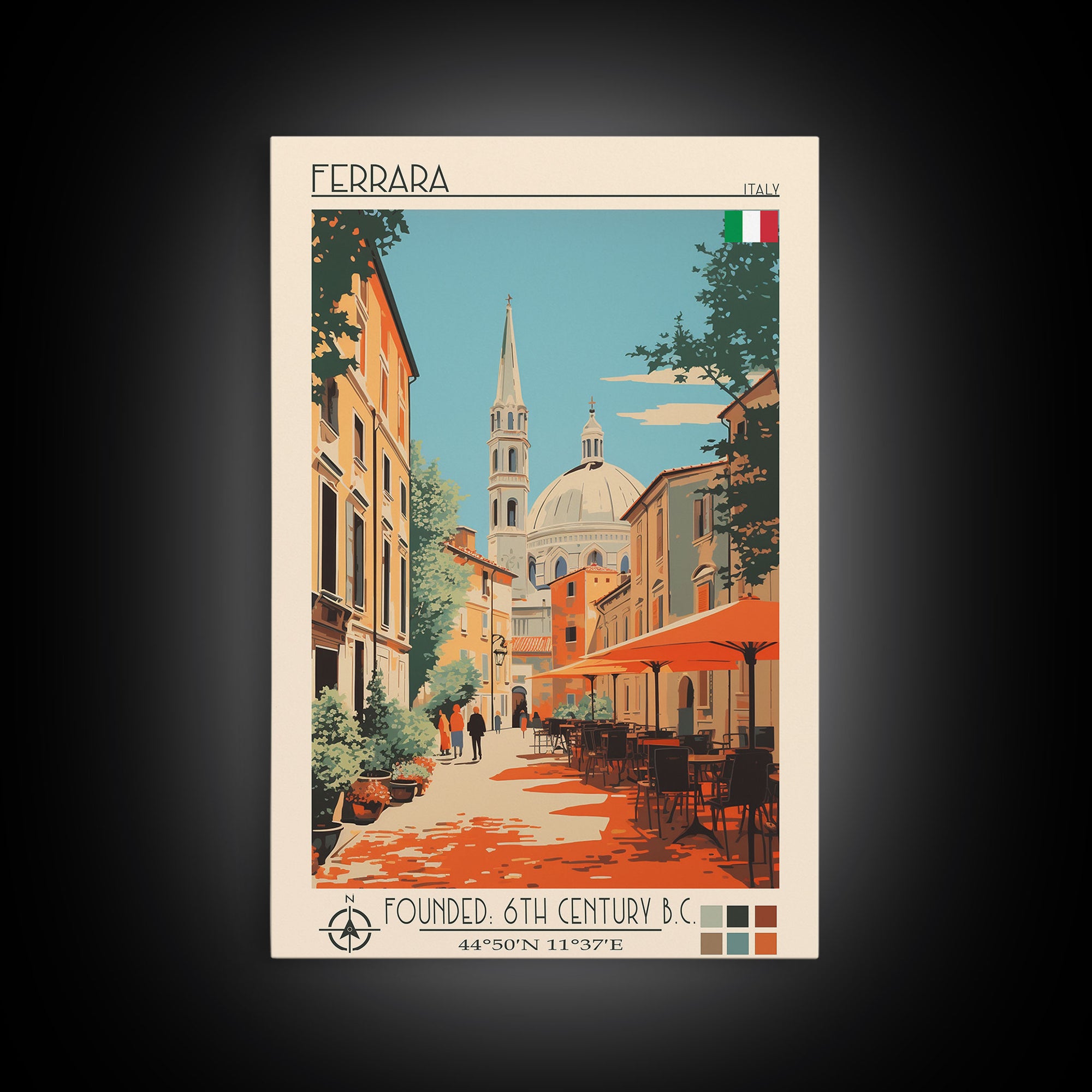 Ferrara Italy Travel Poster Framed Canvas Print, Midcentury Modern Art, Pop Art Wall Decor, Scenic Living Room Art, Bedroom Gift