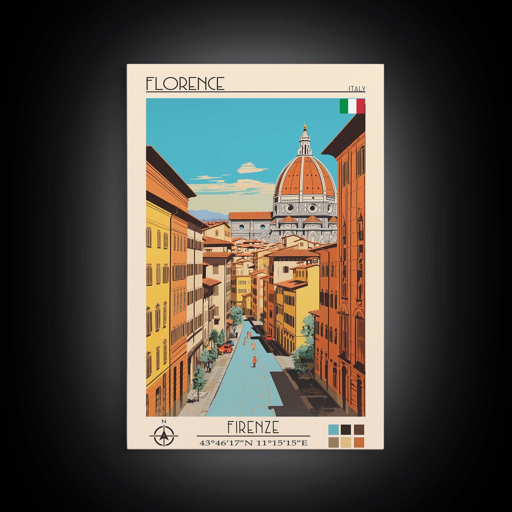 Florence Italy Travel Poster Framed Canvas Print, Midcentury Modern Art, Pop Art Wall Decor, Scenic Wall Art, Living Room Decoration, Office Art