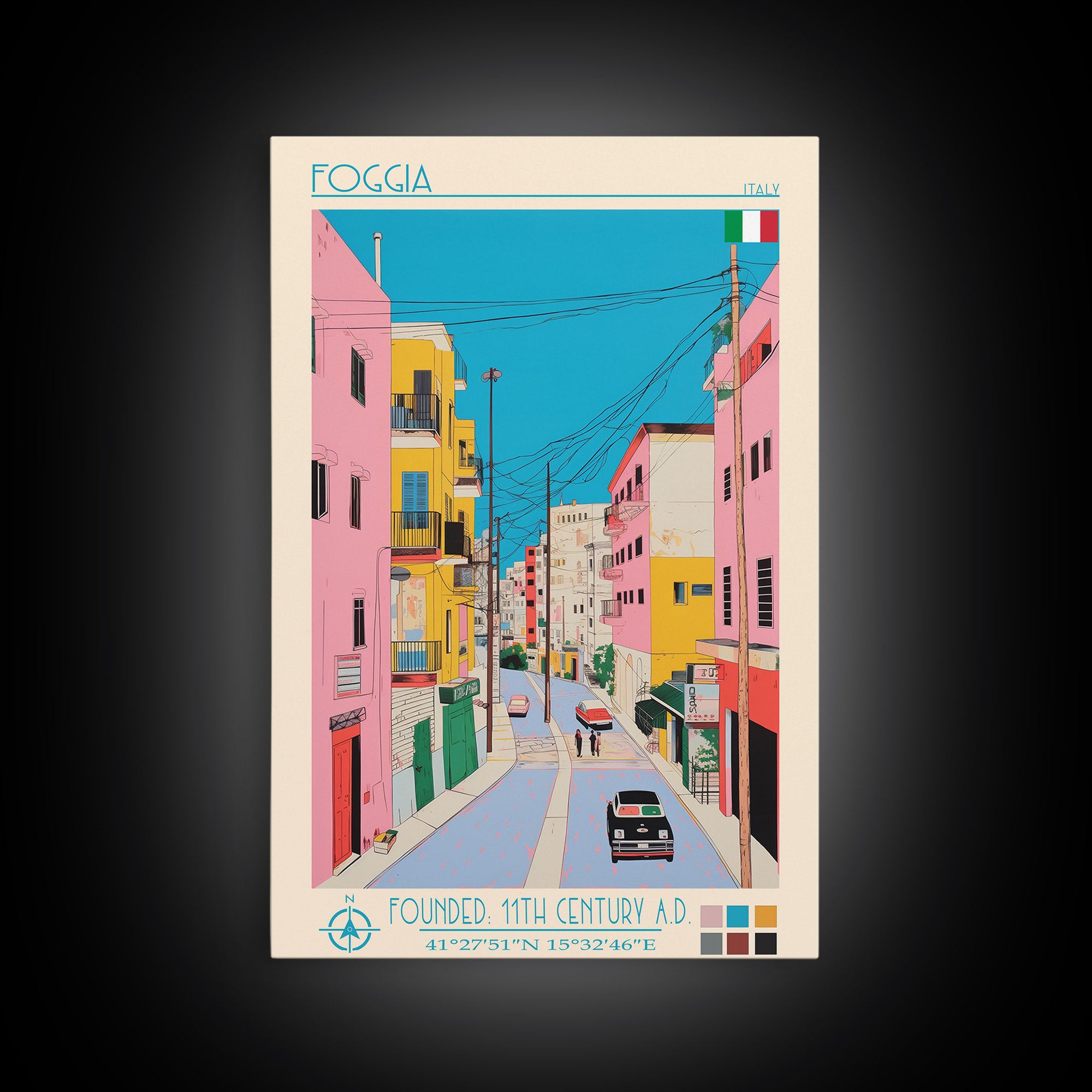 Foggia Italy Travel Poster Framed Canvas Print, Midcentury Modern Art, Pop Art Wall Decor, Home Decor, Vacation Gift, Bedroom Art