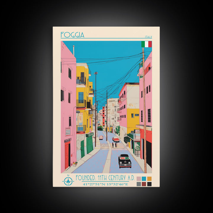 Foggia Italy Travel Poster Framed Canvas Print, Midcentury Modern Art, Pop Art Wall Decor, Home Decor, Vacation Gift, Bedroom Art