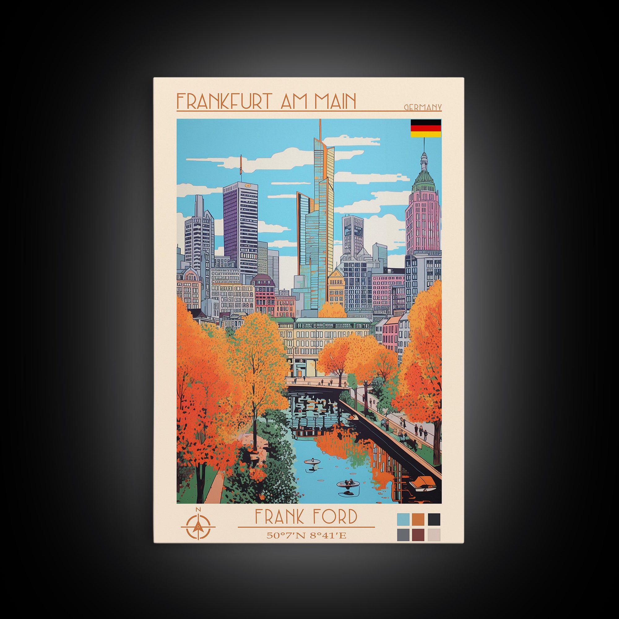 Frankfurt Germany Travel Poster Framed Canvas Print, Midcentury Modern Art, Pop Art Wall Decor, Scenic Wall Art, Living Room Decoration, Office Gift