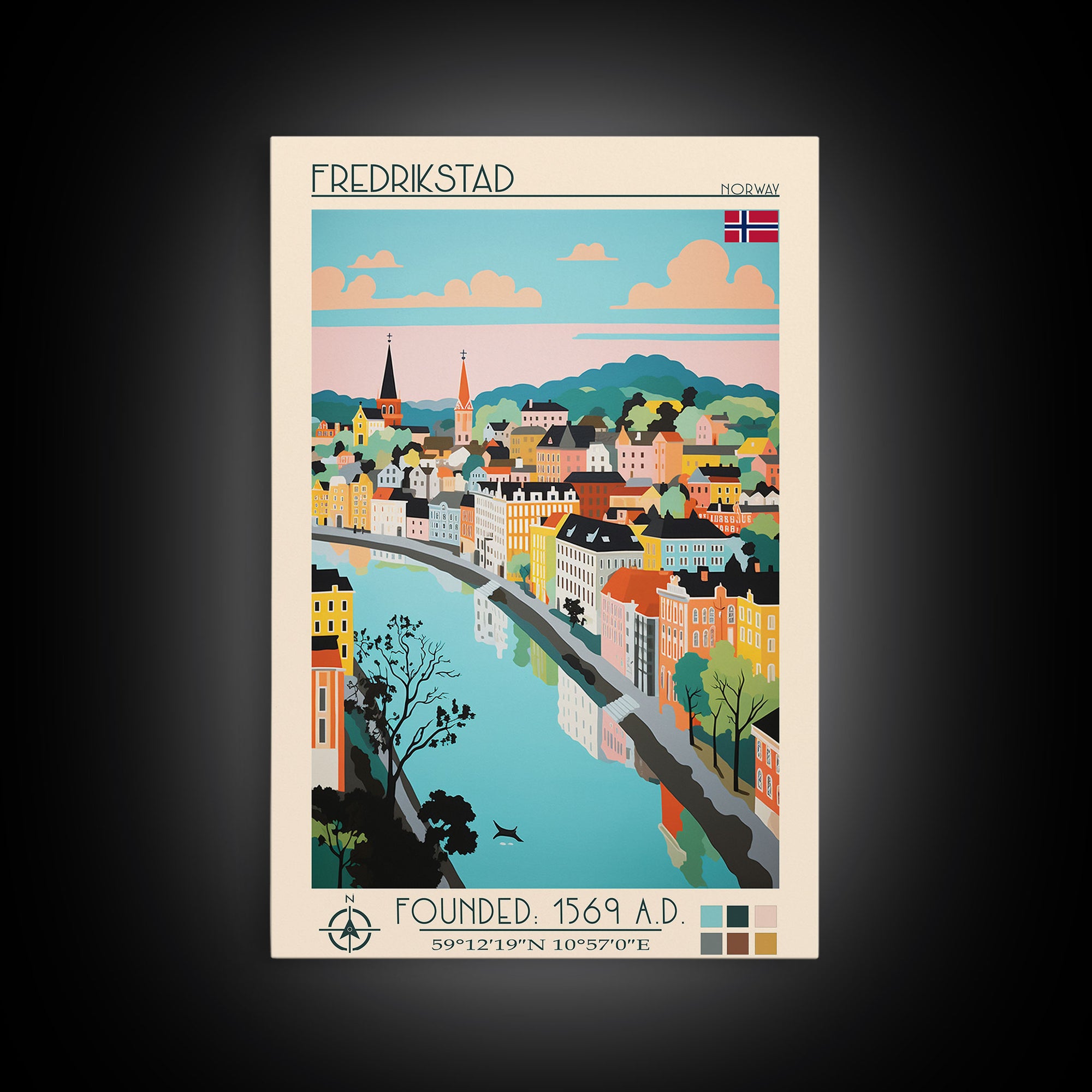 Fredrikstad Norway Travel Poster Framed Canvas Print, Midcentury Modern Art, Pop Art Wall Decor, Scenic Wall Art, Bedroom Decoration