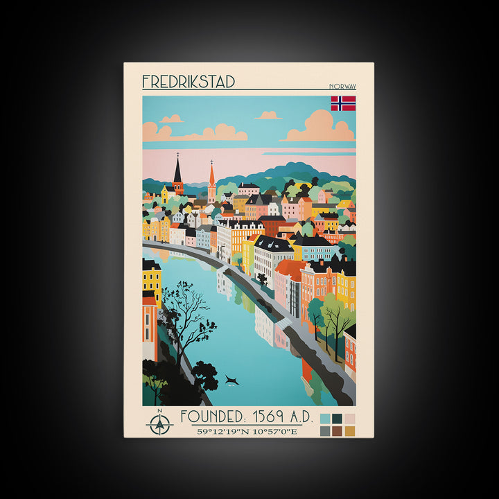Fredrikstad Norway Travel Poster Framed Canvas Print, Midcentury Modern Art, Pop Art Wall Decor, Scenic Wall Art, Bedroom Decoration