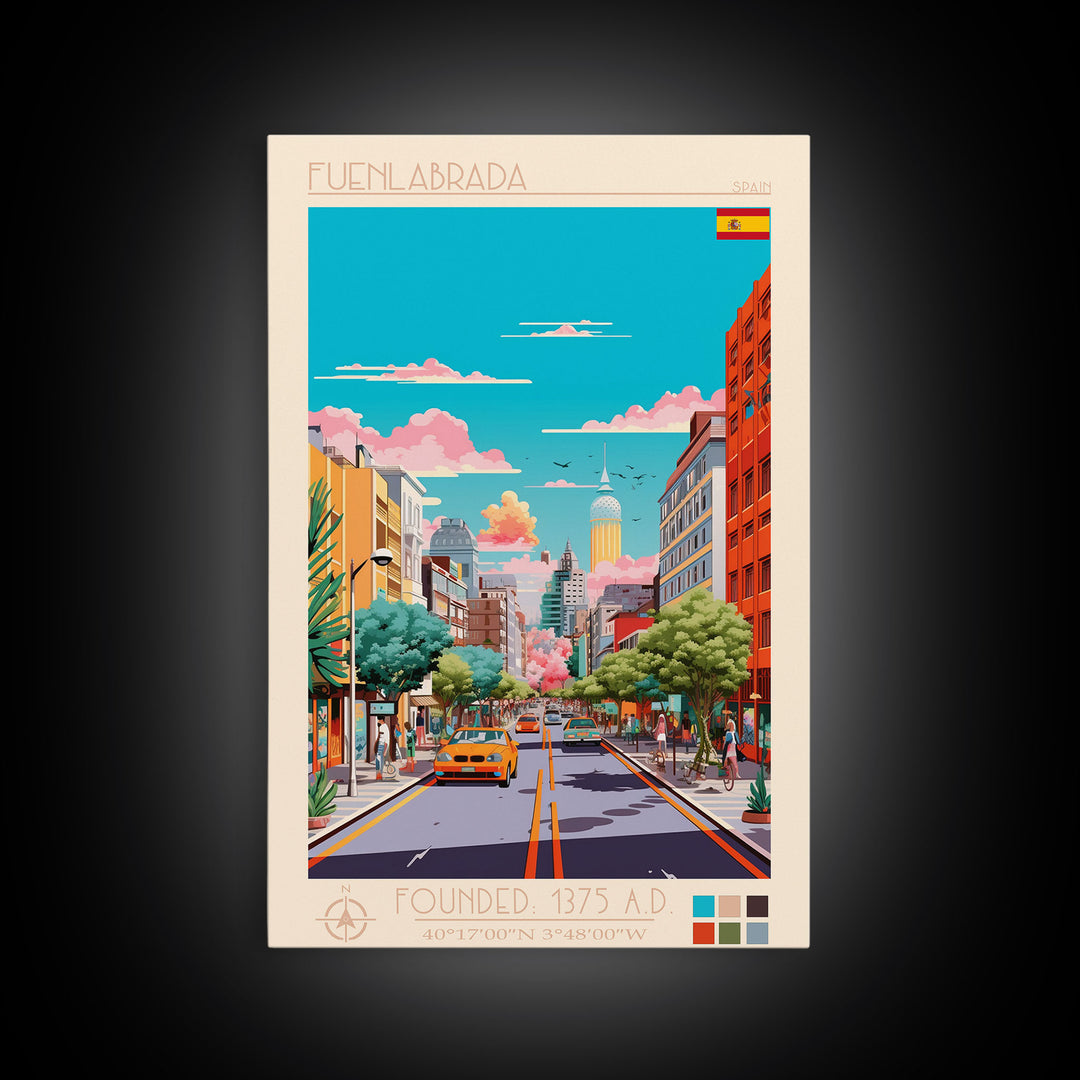 Fuenlabrada Spain Travel Poster Framed Canvas Print, Midcentury Modern Art, Pop Art Wall Decor, Scenic Wall Art, Living Room Decoration, Office Art