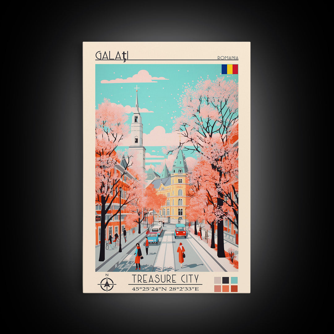 Galați Romania Travel Poster Framed Canvas Print, Midcentury Modern Art, Pop Art Wall Decor, Scenic Wall Art, Bedroom Decoration, Office Art