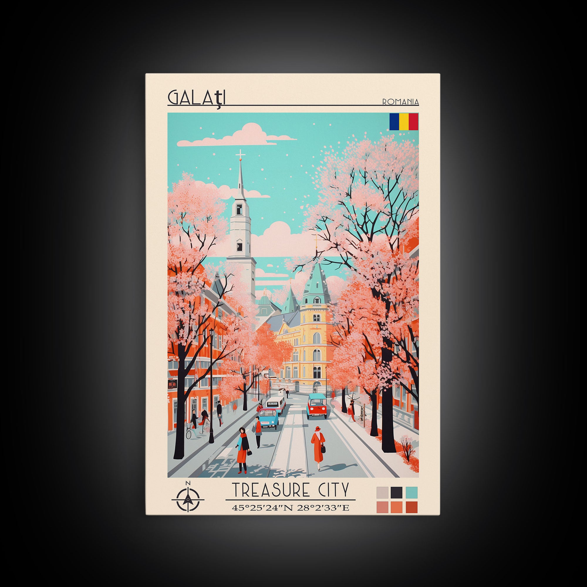Galați Romania Travel Poster Framed Canvas Print, Midcentury Modern Art, Pop Art Wall Decor, Scenic Wall Art, Bedroom Decoration, Office Art