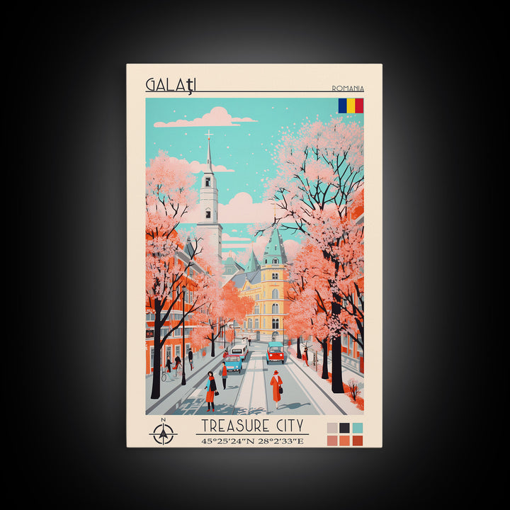 Galați Romania Travel Poster Framed Canvas Print, Midcentury Modern Art, Pop Art Wall Decor, Scenic Wall Art, Bedroom Decoration, Office Art