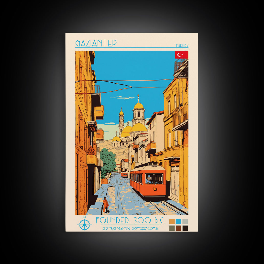 Gaziantep Turkey Travel Poster Framed Canvas Print, Midcentury Modern Art, Pop Art Wall Decor, Scenic Living Room Art, Bedroom Decor