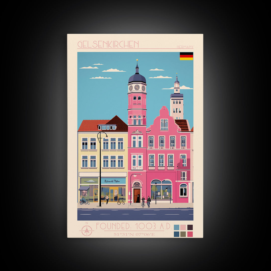 Gelsenkirchen Germany Travel Poster Framed Canvas Print, Midcentury Modern Art, Pop Art Wall Decor, Scenic Living Room Art, Bedroom Gift