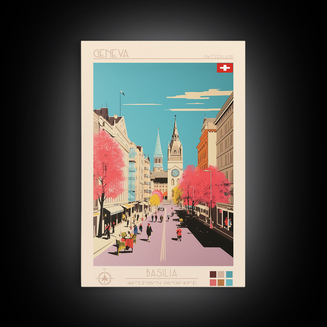 Geneva Switzerland Travel Poster Framed Canvas Print, Midcentury Modern Art, Pop Art Wall Decor, Scenic Wall Art, Living Room Decoration, Office Art