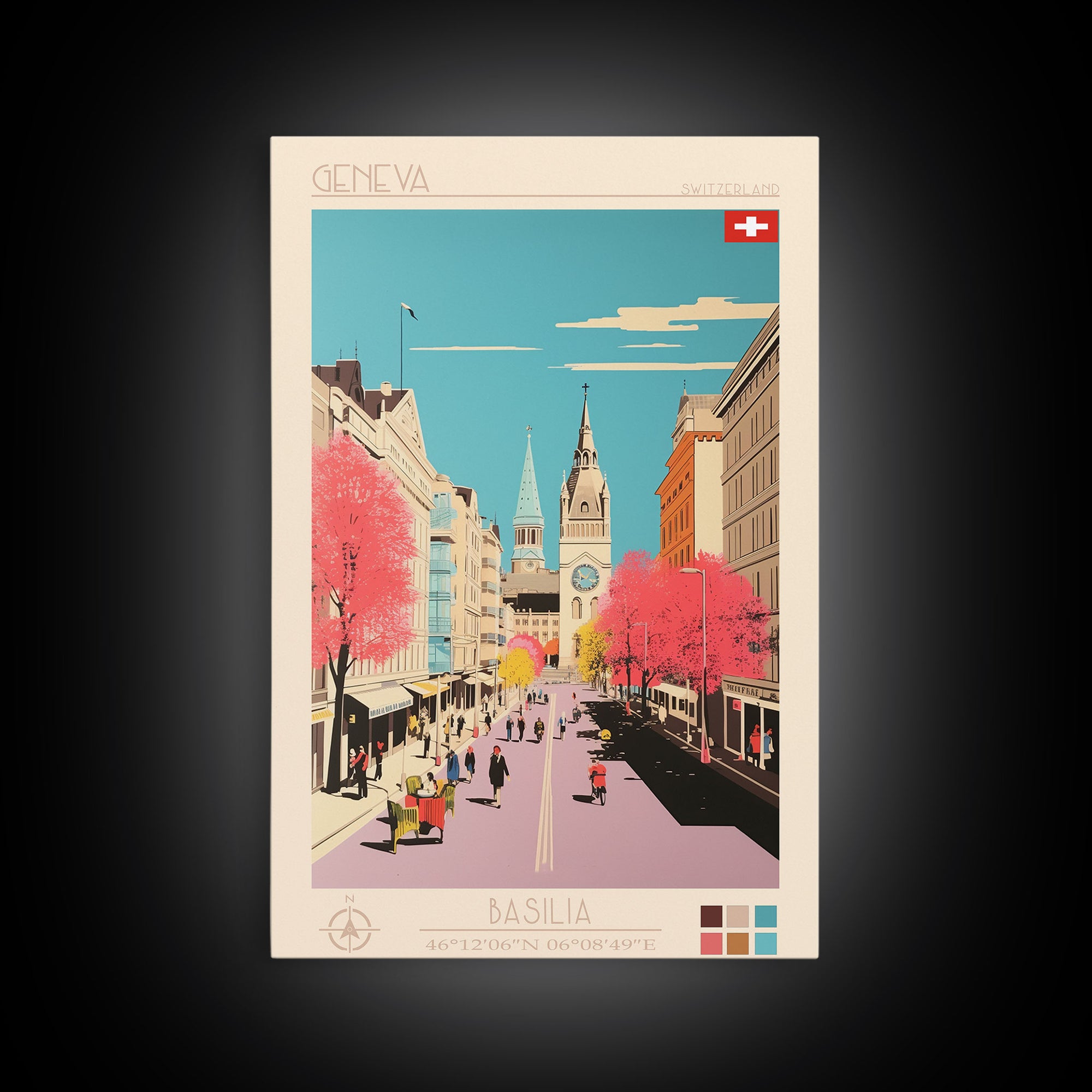 Geneva Switzerland Travel Poster Framed Canvas Print, Midcentury Modern Art, Pop Art Wall Decor, Scenic Wall Art, Living Room Decoration, Office Art