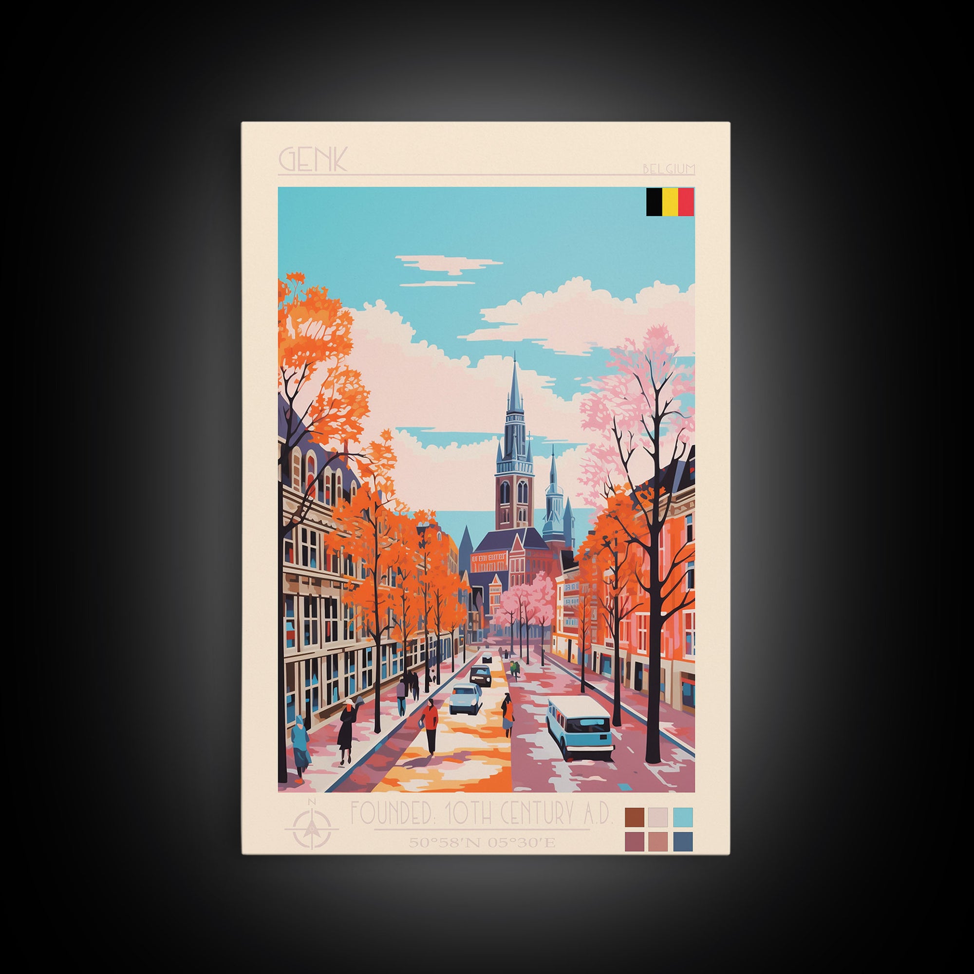 Genk Belgium Travel Poster Framed Canvas Print, Midcentury Modern Art, Pop Art Wall Decor, Home Decor, Vacation Gift, Bedroom Art