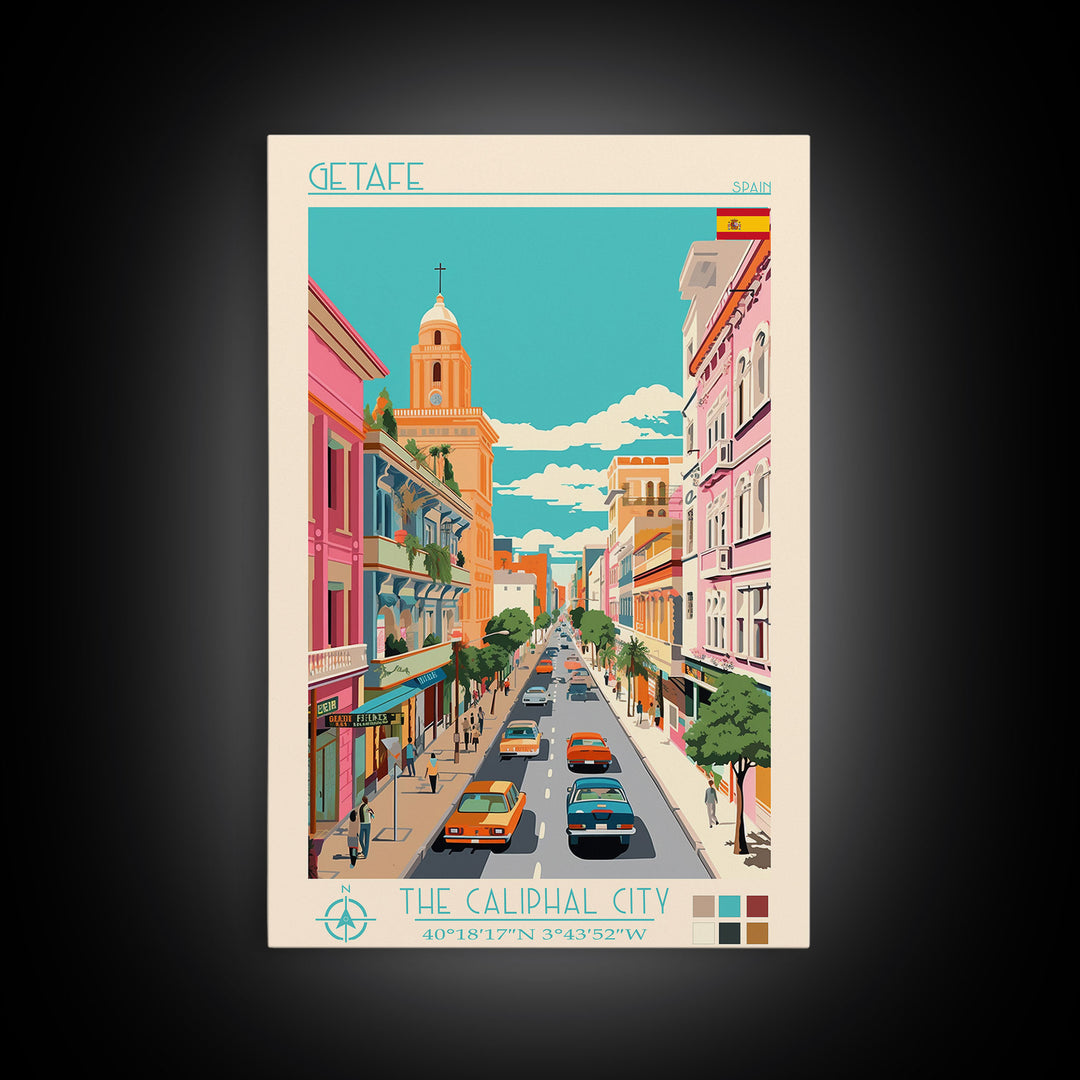 Getafe Spain Travel Poster Framed Canvas Print, Midcentury Modern Art, Pop Art Wall Decor, Scenic Wall Art, Bedroom Decoration