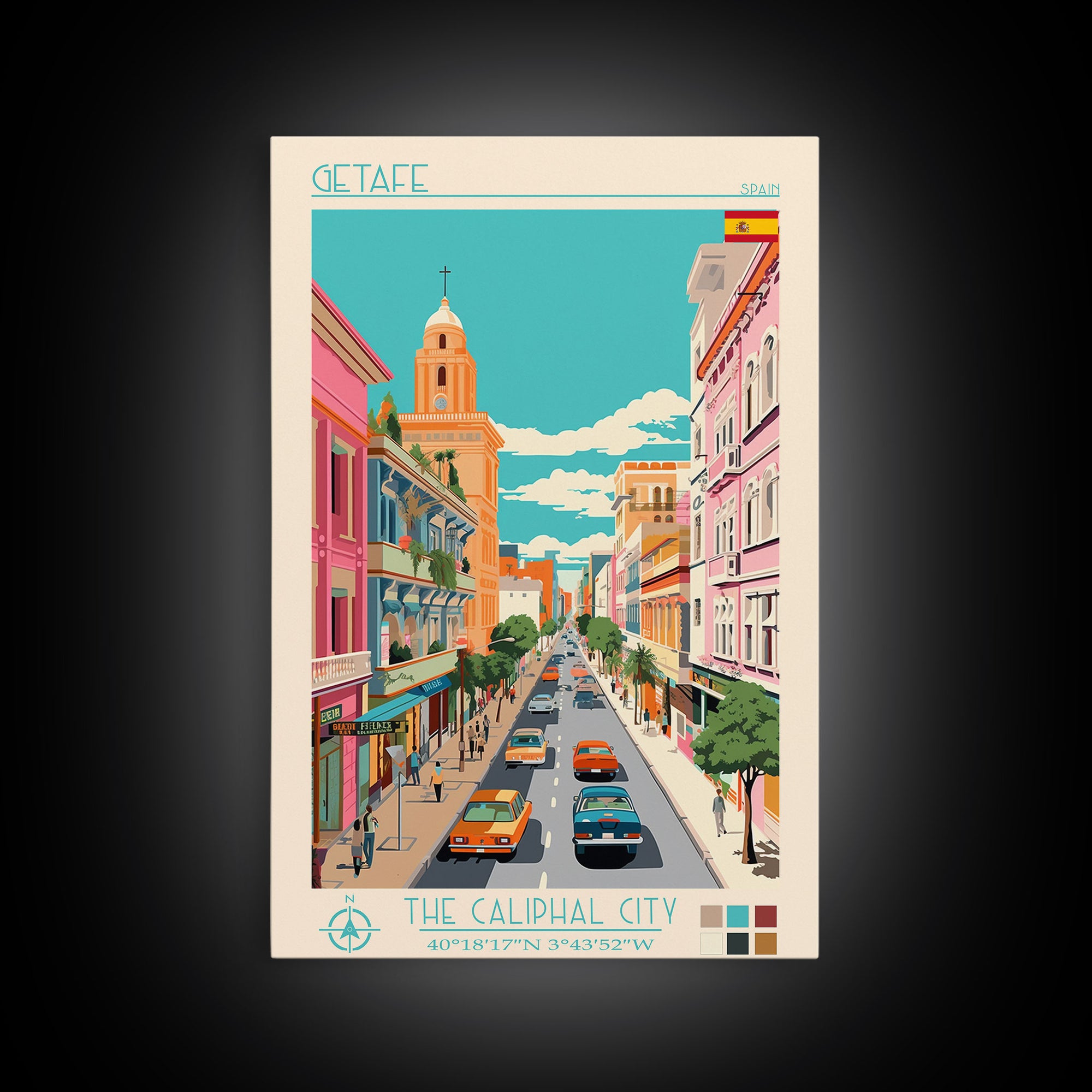 Getafe Spain Travel Poster Framed Canvas Print, Midcentury Modern Art, Pop Art Wall Decor, Scenic Wall Art, Bedroom Decoration