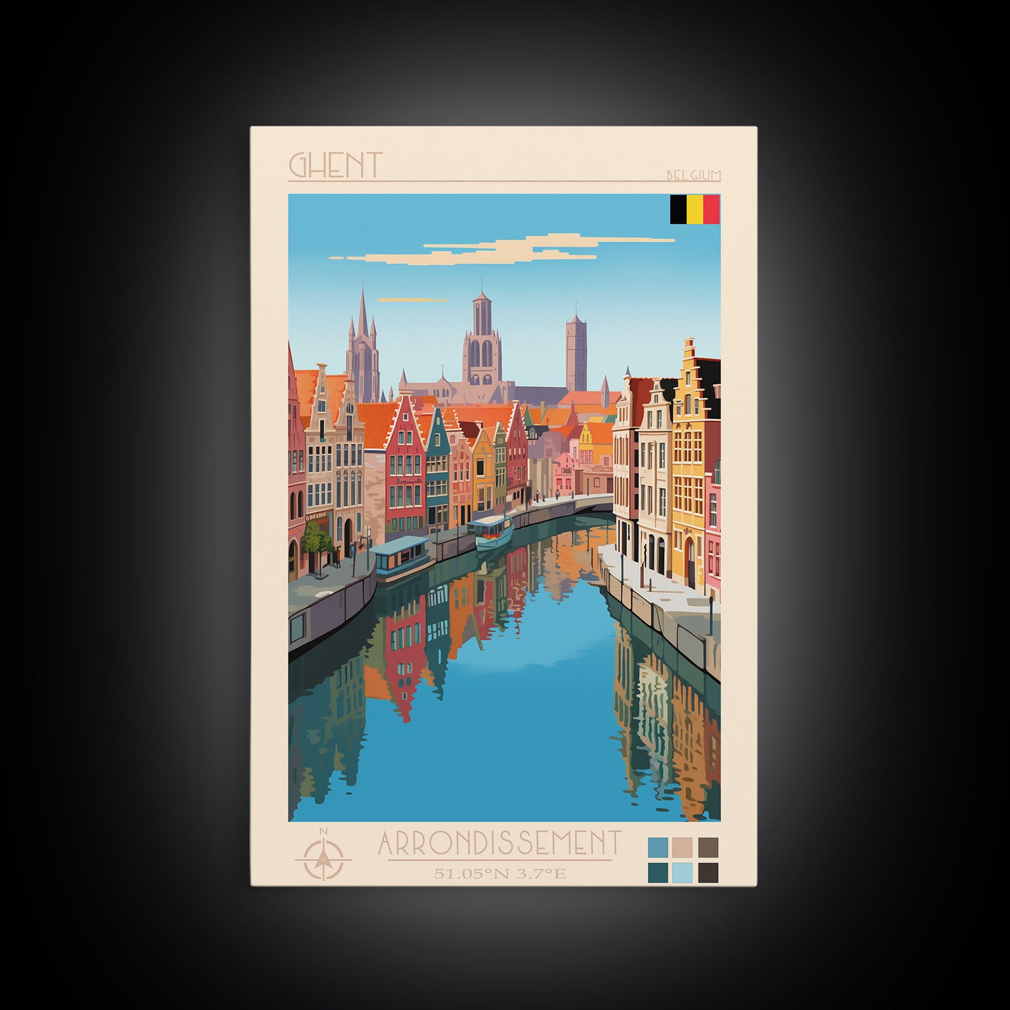 Ghent Belgium Travel Poster Framed Canvas Print, Midcentury Modern Art, Pop Art Wall Decor, Scenic Wall Art, Living Room Decoration, Office Art