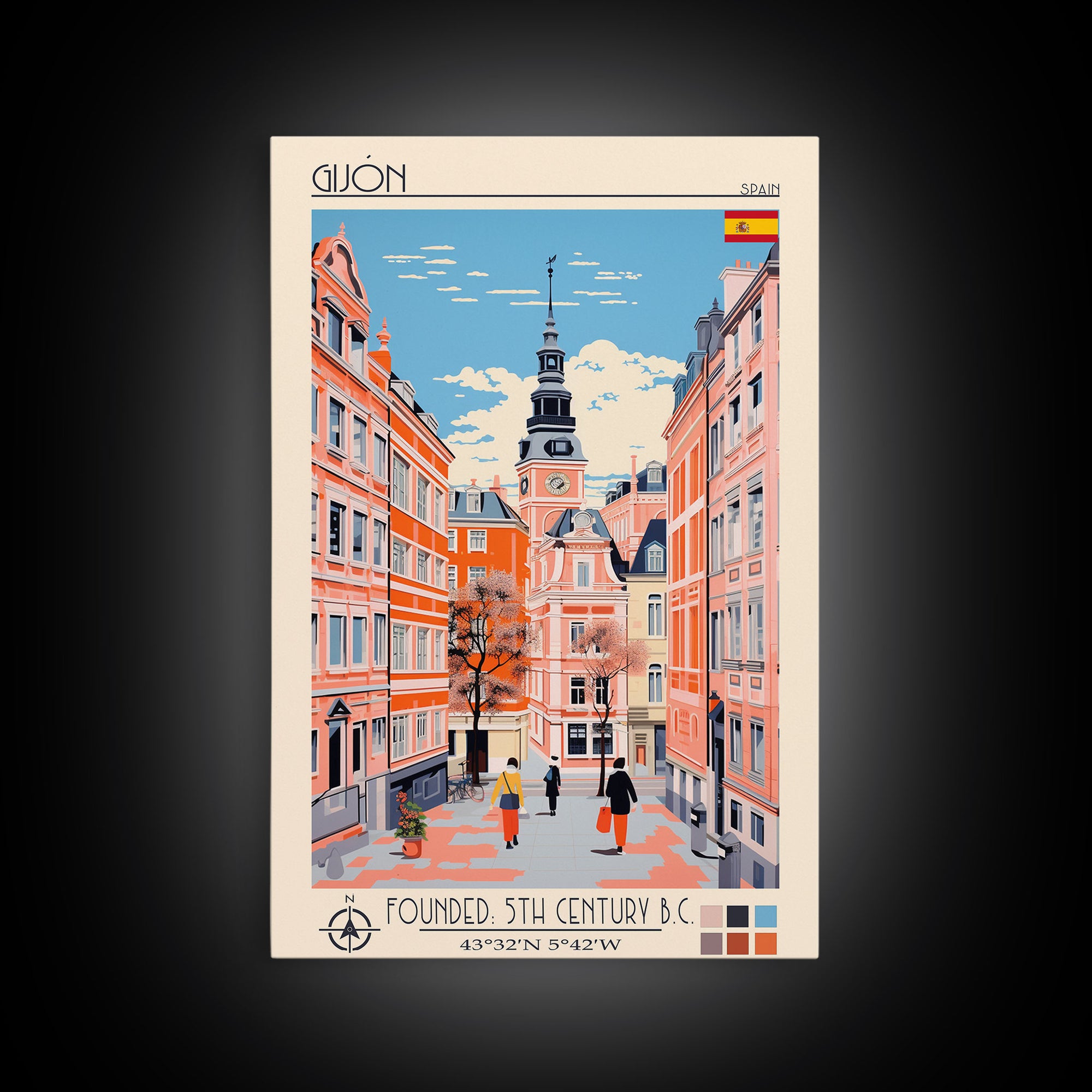 Gijón Spain Travel Poster Framed Canvas Print, Midcentury Modern Art, Pop Art Wall Decor, Scenic Wall Art, Living Room Decoration, Office Art