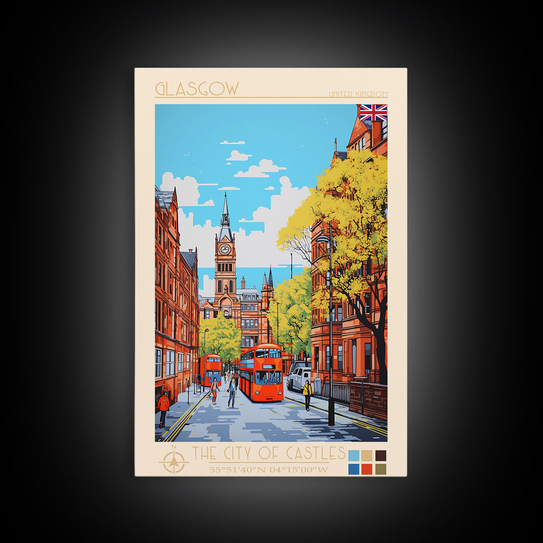 Glasgow United Kingdom Travel Poster Framed Canvas Print, Midcentury Modern Art, Pop Art Wall Decor, Scenic Bedroom Art, Office Decoration